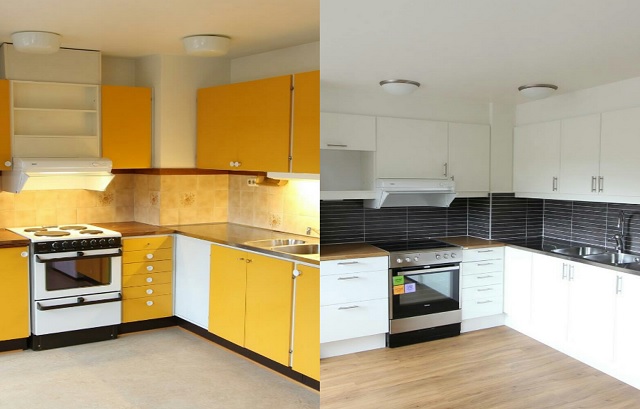 Ett kök som visar skillnaden före och efter att luckor lackats om.